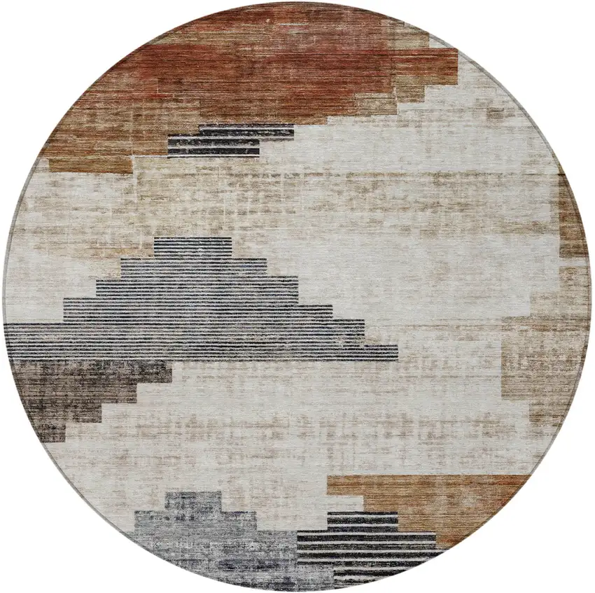 8' Rust Ivory And Charcoal Round Geometric Washable Indoor Outdoor Area Rug Photo 3