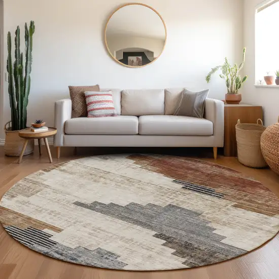 8' Rust Ivory And Charcoal Round Geometric Washable Indoor Outdoor Area Rug Photo 6