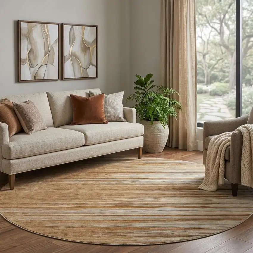 8' Rust Ivory And Gold Striped Washable Round Rug With UV Protection Photo 1