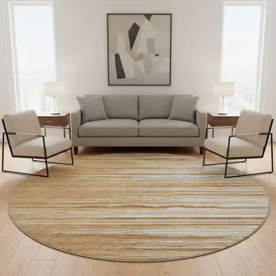 8' Rust Ivory And Gold Striped Washable Round Rug With UV Protection Photo 2