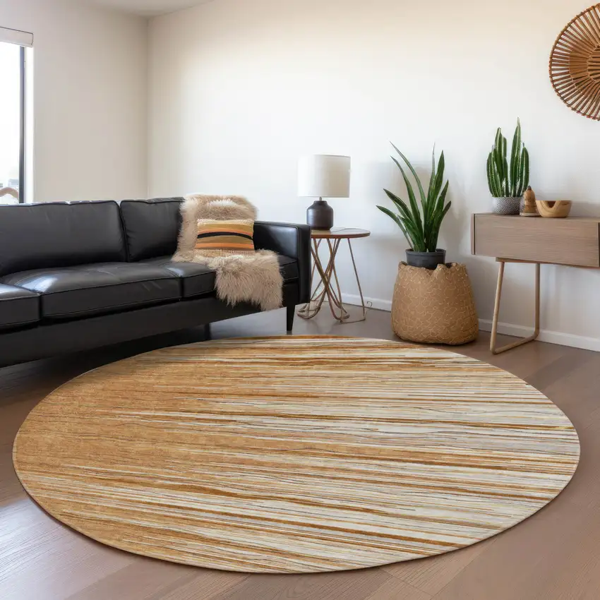 8' Rust Ivory And Gold Striped Washable Round Rug With UV Protection Photo 4
