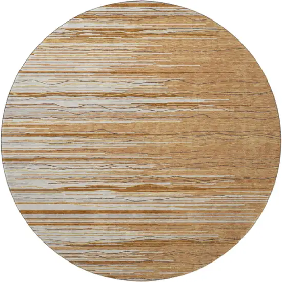 8' Rust Ivory And Gold Striped Washable Round Rug With UV Protection Photo 3