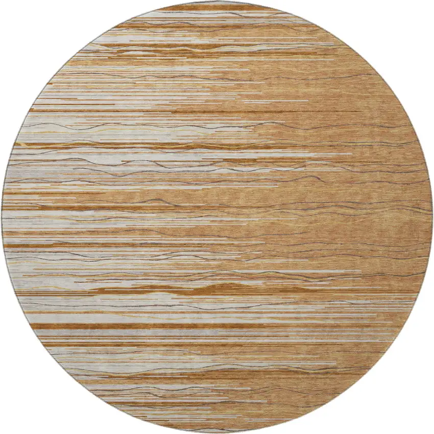 8' Rust Ivory And Gold Striped Washable Round Rug With UV Protection Photo 3