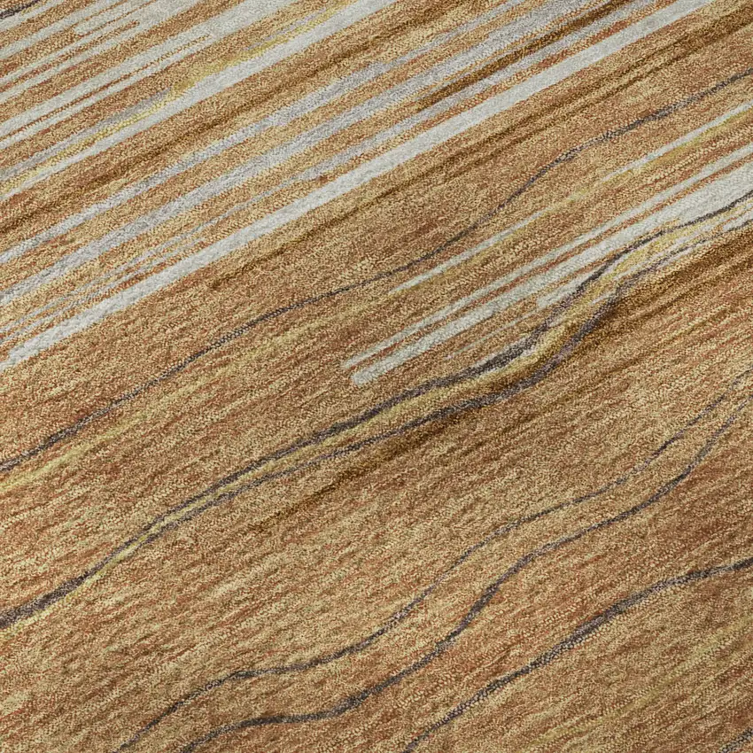 8' Rust Ivory And Gold Striped Washable Round Rug With UV Protection Photo 8