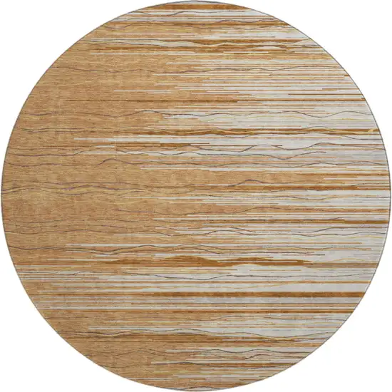 8' Rust Ivory And Gold Striped Washable Round Rug With UV Protection Photo 1