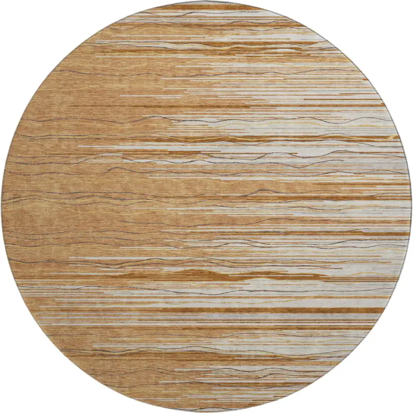 8' Rust Ivory And Gold Striped Washable Round Rug With UV Protection Photo 1
