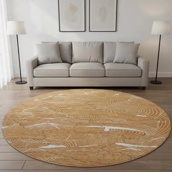 8' Rust Ivory And Gray Abstract Washable Round Rug With UV Protection Photo 2