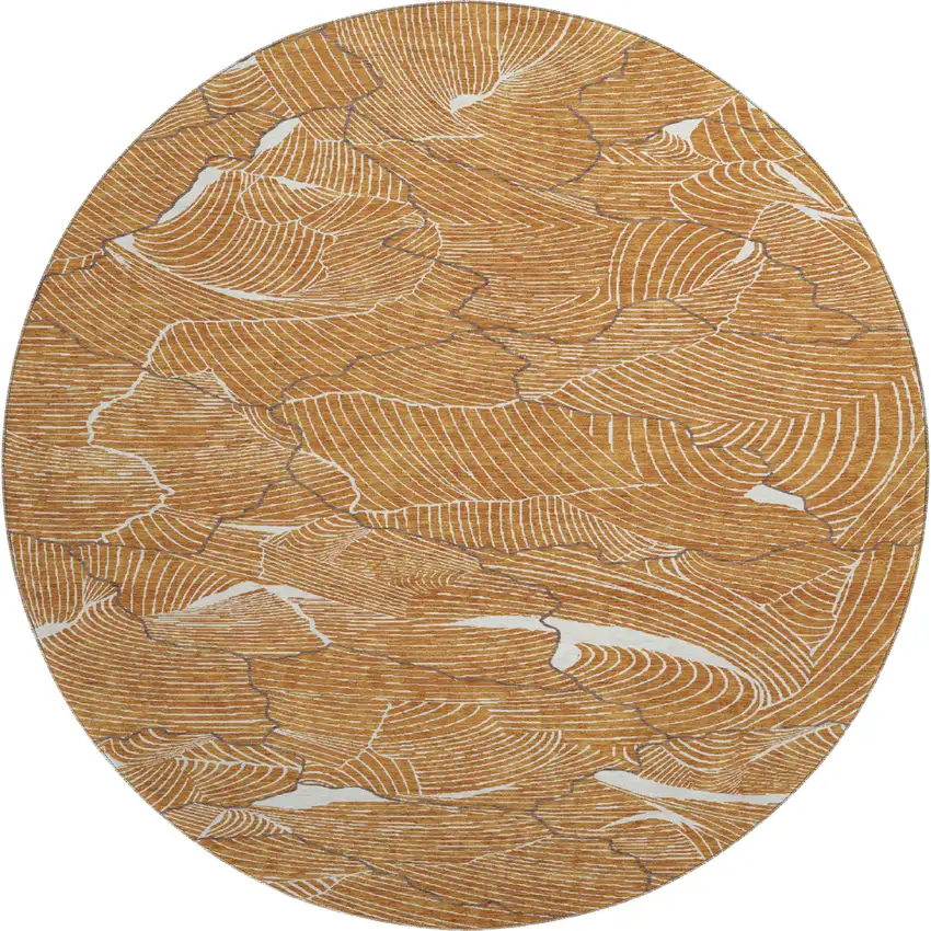 8' Rust Ivory And Gray Abstract Washable Round Rug With UV Protection Photo 1