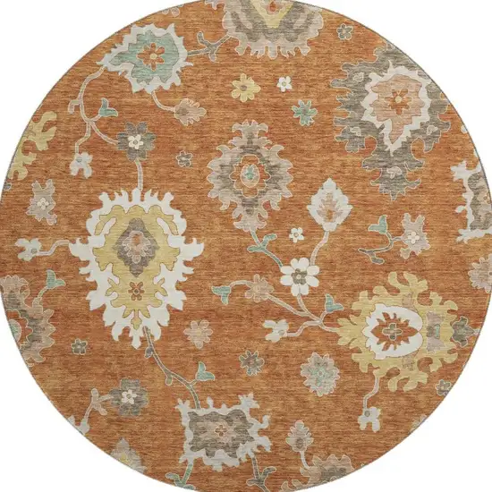 8' Rust Ivory And Gray Floral Medallion Washable Round Rug With UV Protection Photo 4