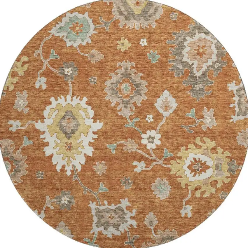 8' Rust Ivory And Gray Floral Medallion Washable Round Rug With UV Protection Photo 4