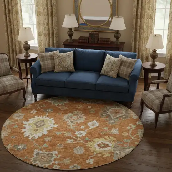 8' Rust Ivory And Gray Floral Medallion Washable Round Rug With UV Protection Photo 2