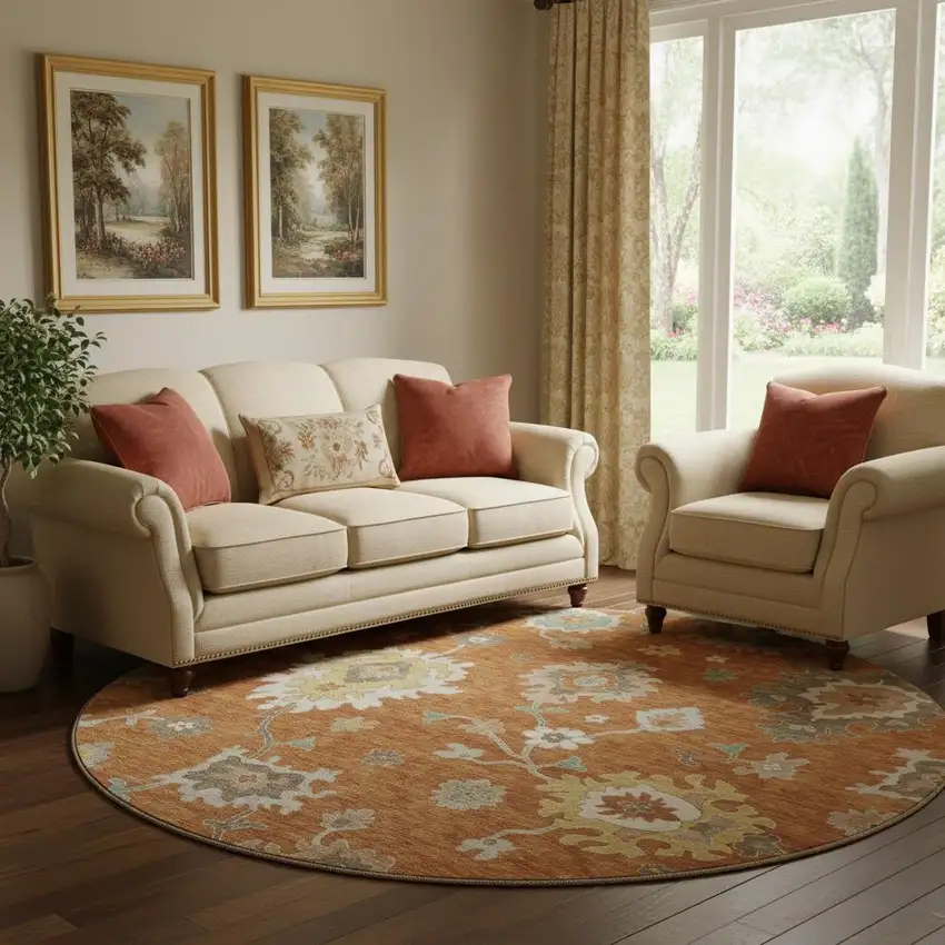 8' Rust Ivory And Gray Floral Medallion Washable Round Rug With UV Protection Photo 1