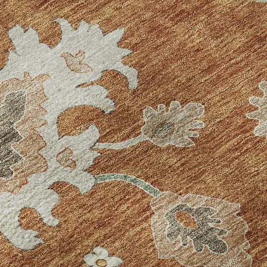 8' Rust Ivory And Gray Floral Medallion Washable Round Rug With UV Protection Photo 9