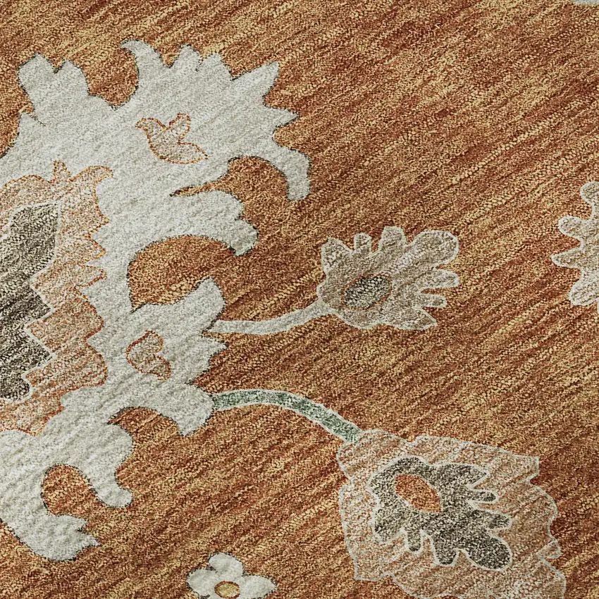 8' Rust Ivory And Gray Floral Medallion Washable Round Rug With UV Protection Photo 9