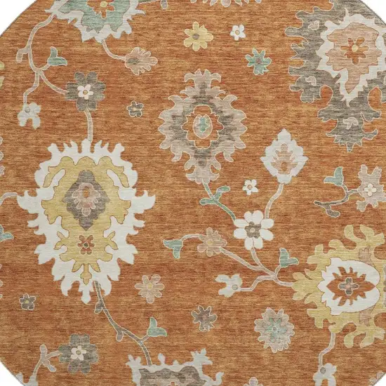 8' Rust Ivory And Gray Floral Medallion Washable Round Rug With UV Protection Photo 3