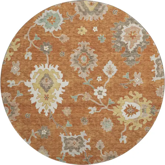 8' Rust Ivory And Gray Floral Medallion Washable Round Rug With UV Protection Photo 1