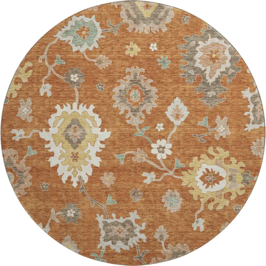 8' Rust Ivory And Gray Floral Medallion Washable Round Rug With UV Protection Photo 1