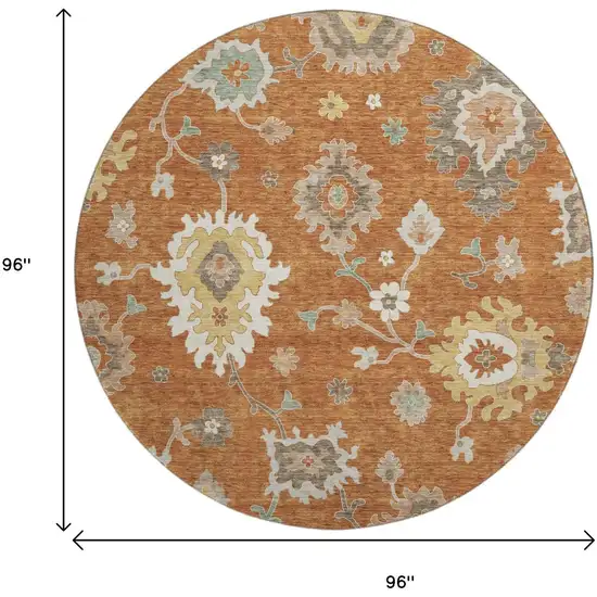 8' Rust Ivory And Gray Floral Medallion Washable Round Rug With UV Protection Photo 3