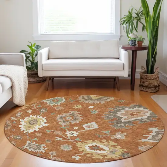 8' Rust Ivory And Gray Floral Medallion Washable Round Rug With UV Protection Photo 5