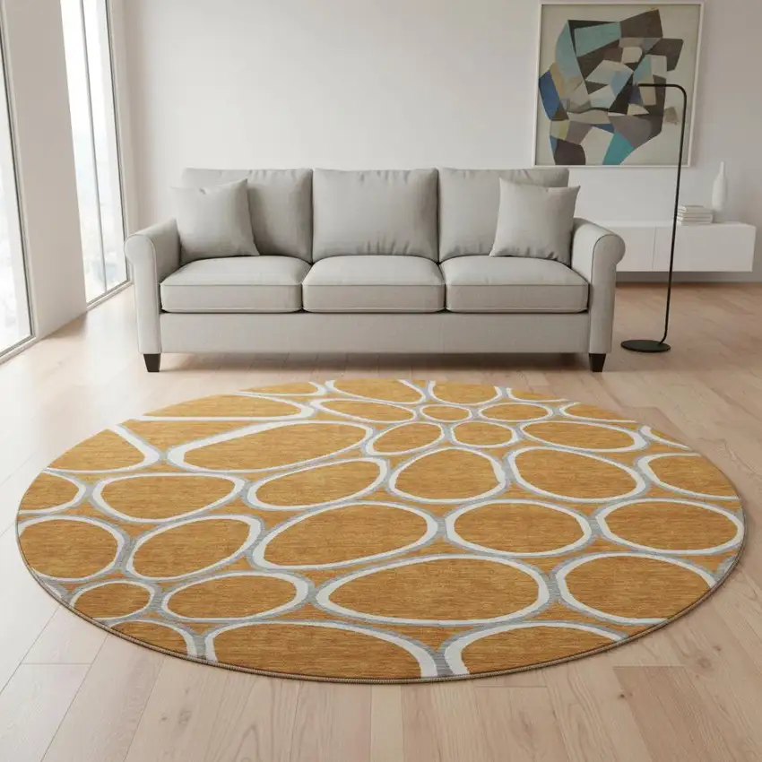 8' Rust Ivory And Gray Geometric Washable Round Rug With UV Protection Photo 2