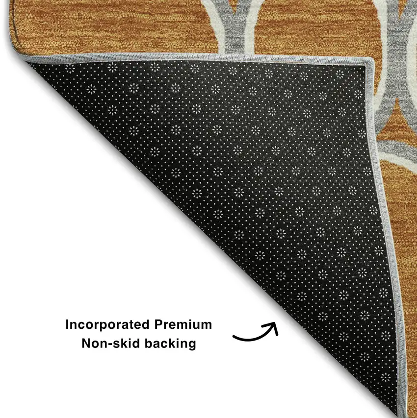 8' Rust Ivory And Gray Geometric Washable Round Rug With UV Protection Photo 5