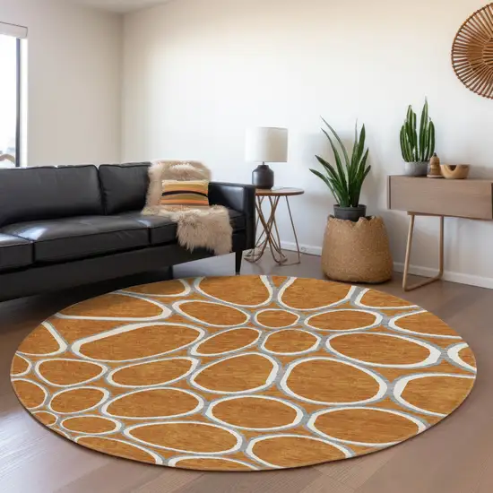 8' Rust Ivory And Gray Geometric Washable Round Rug With UV Protection Photo 4
