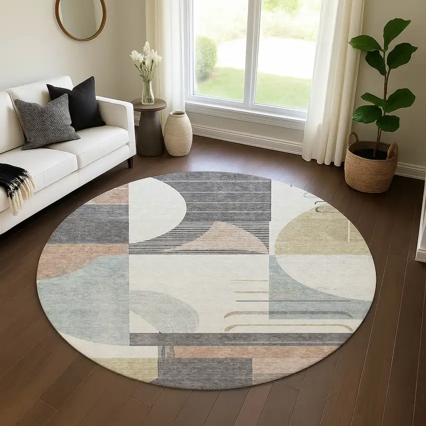 8' Rust Ivory And Gray Geometric Washable Round Rug With UV Protection Photo 4