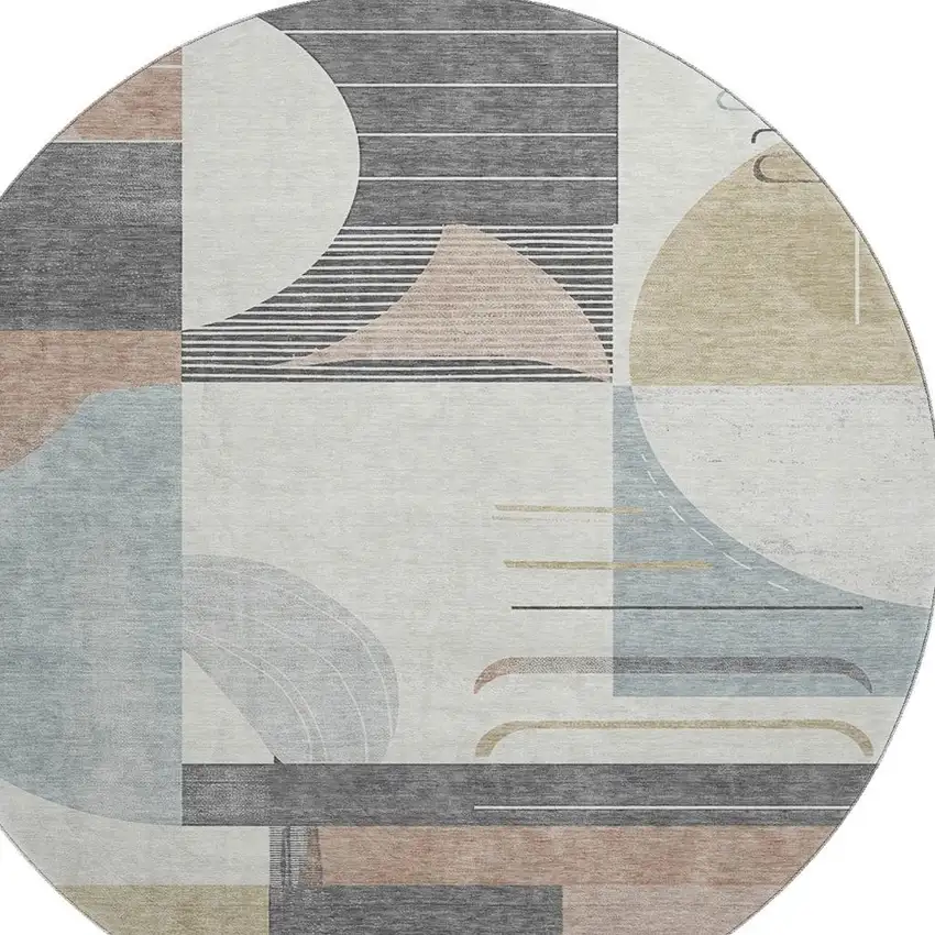 8' Rust Ivory And Gray Geometric Washable Round Rug With UV Protection Photo 3