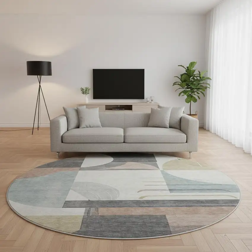 8' Rust Ivory And Gray Geometric Washable Round Rug With UV Protection Photo 2