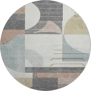 Photo of 8' Rust Ivory And Gray Geometric Washable Round Rug With UV Protection