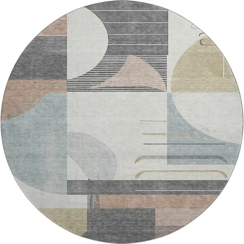 8' Rust Ivory And Gray Geometric Washable Round Rug With UV Protection Photo 1