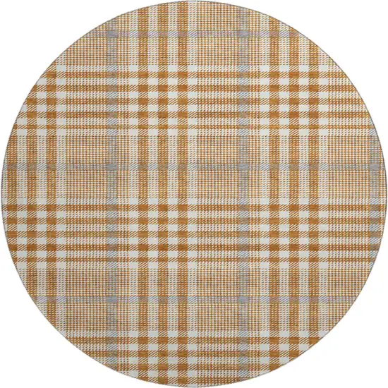 8' Rust Ivory And Gray Plaid Washable Round Rug With UV Protection Photo 1