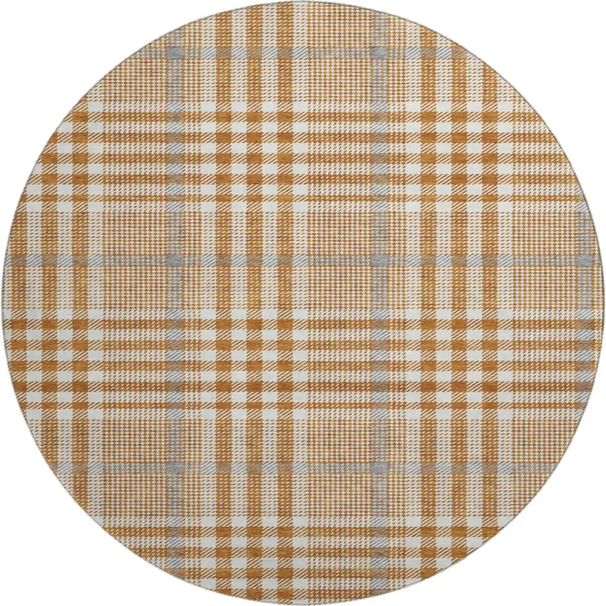 8' Rust Ivory And Gray Plaid Washable Round Rug With UV Protection Photo 1