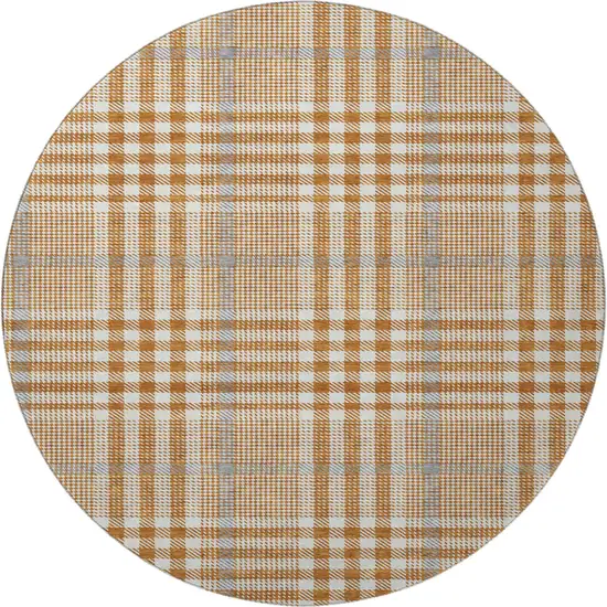 8' Rust Ivory And Gray Plaid Washable Round Rug With UV Protection Photo 3