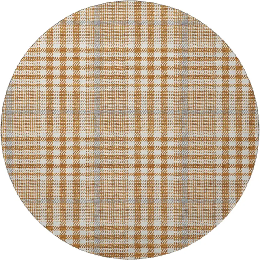 8' Rust Ivory And Gray Plaid Washable Round Rug With UV Protection Photo 3