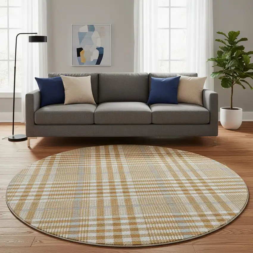 8' Rust Ivory And Gray Plaid Washable Round Rug With UV Protection Photo 1
