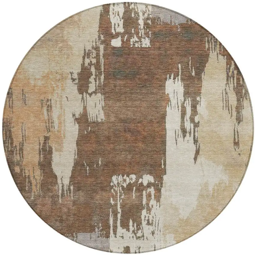 8' Rust Ivory And Gray Round Abstract Washable Indoor Outdoor Area Rug Photo 4