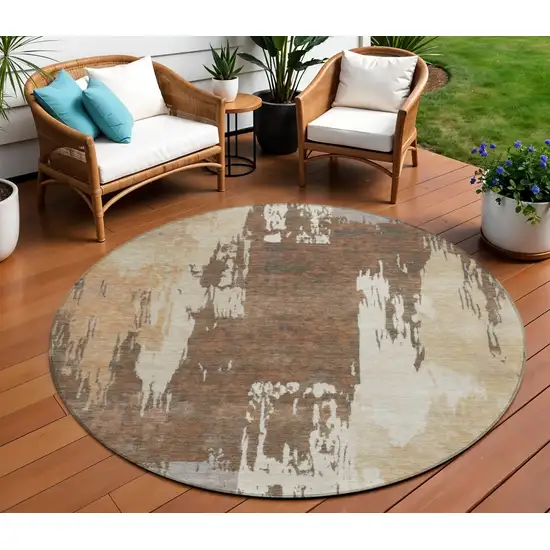 8' Rust Ivory And Gray Round Abstract Washable Indoor Outdoor Area Rug Photo 1