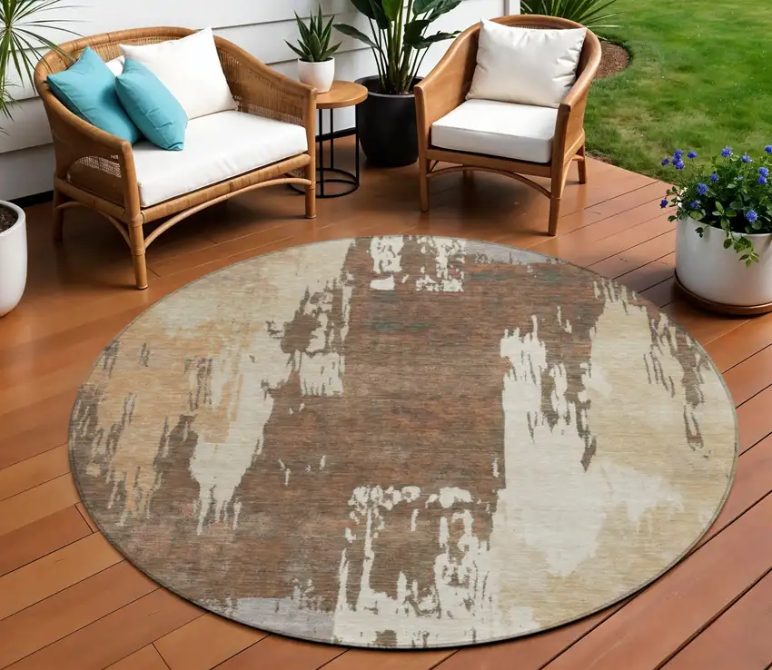 8' Rust Ivory And Gray Round Abstract Washable Indoor Outdoor Area Rug Photo 1