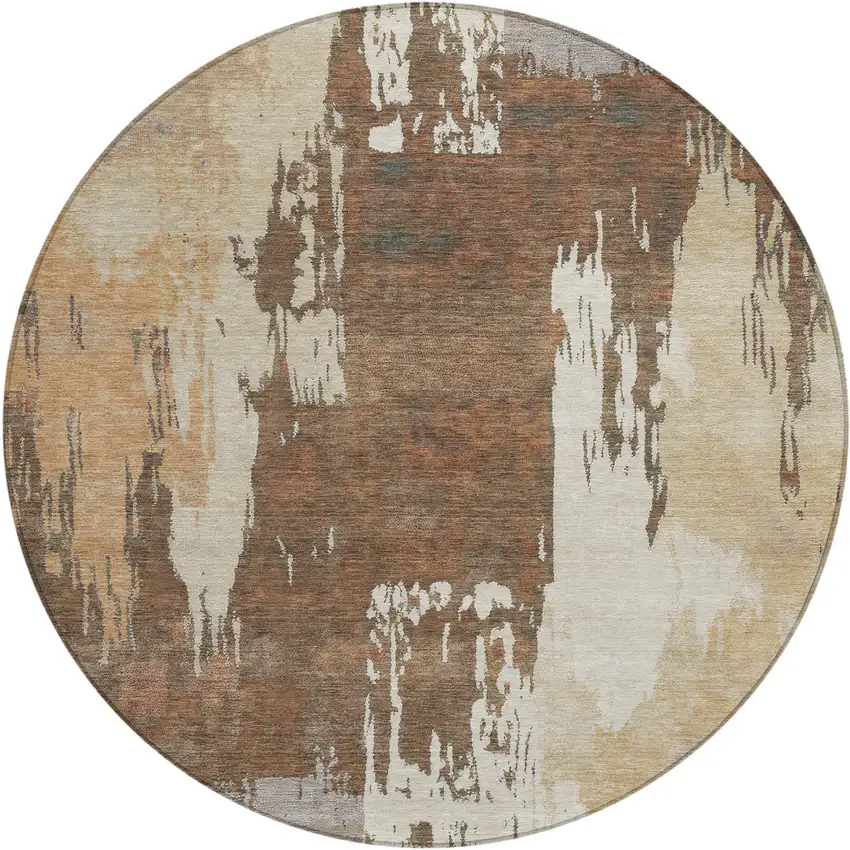 8' Rust Ivory And Gray Round Abstract Washable Indoor Outdoor Area Rug Photo 2
