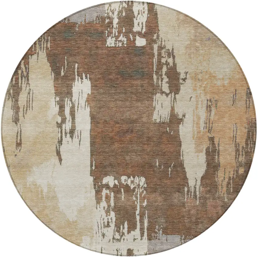 8' Rust Ivory And Gray Round Abstract Washable Indoor Outdoor Area Rug Photo 5