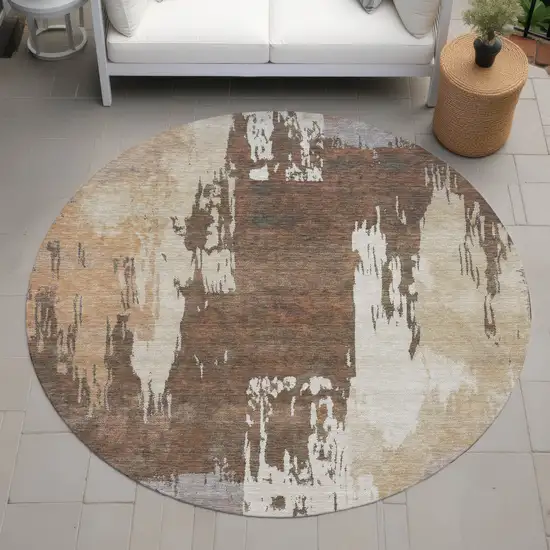 8' Rust Ivory And Gray Round Abstract Washable Indoor Outdoor Area Rug Photo 8