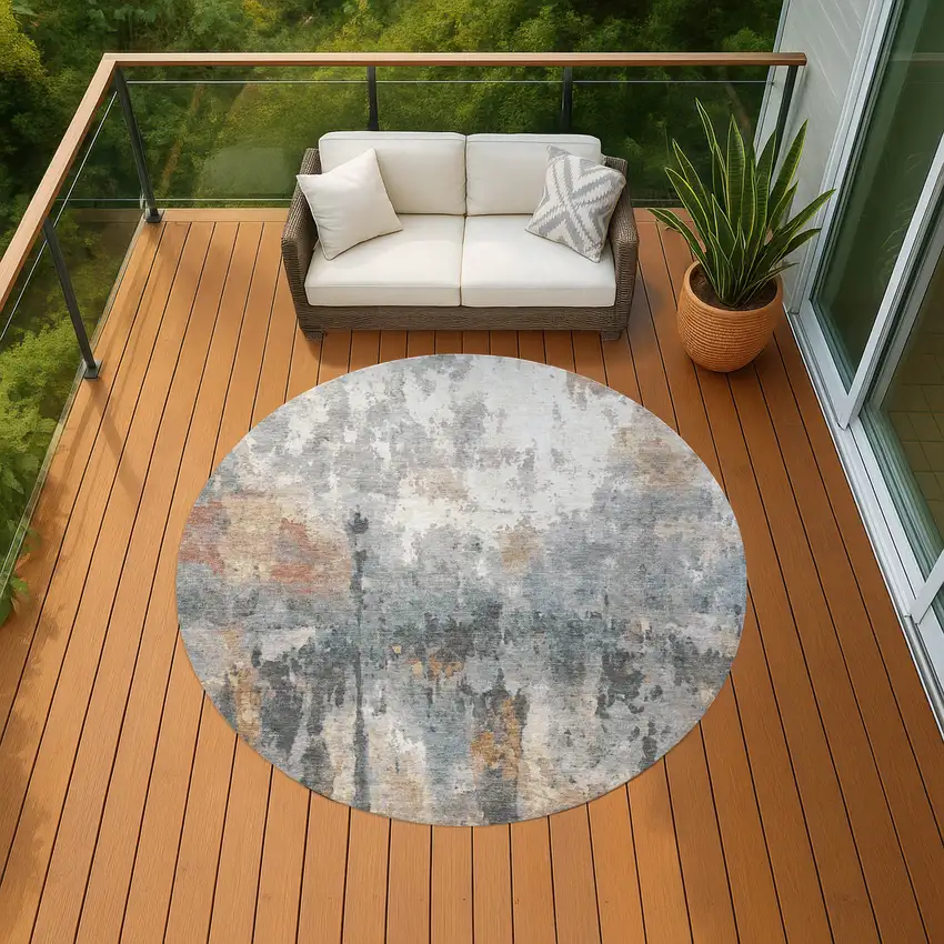 8' Rust Ivory And Gray Round Abstract Washable Indoor Outdoor Area Rug Photo 8