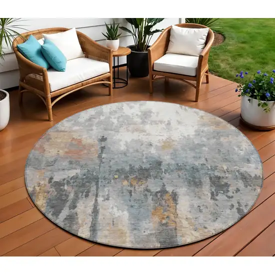 8' Rust Ivory And Gray Round Abstract Washable Indoor Outdoor Area Rug Photo 1