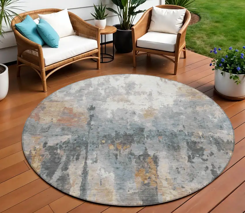 8' Rust Ivory And Gray Round Abstract Washable Indoor Outdoor Area Rug Photo 1