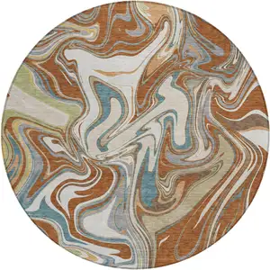 Photo of 8' Rust Ivory And Gray Round Abstract Washable Indoor Outdoor Area Rug