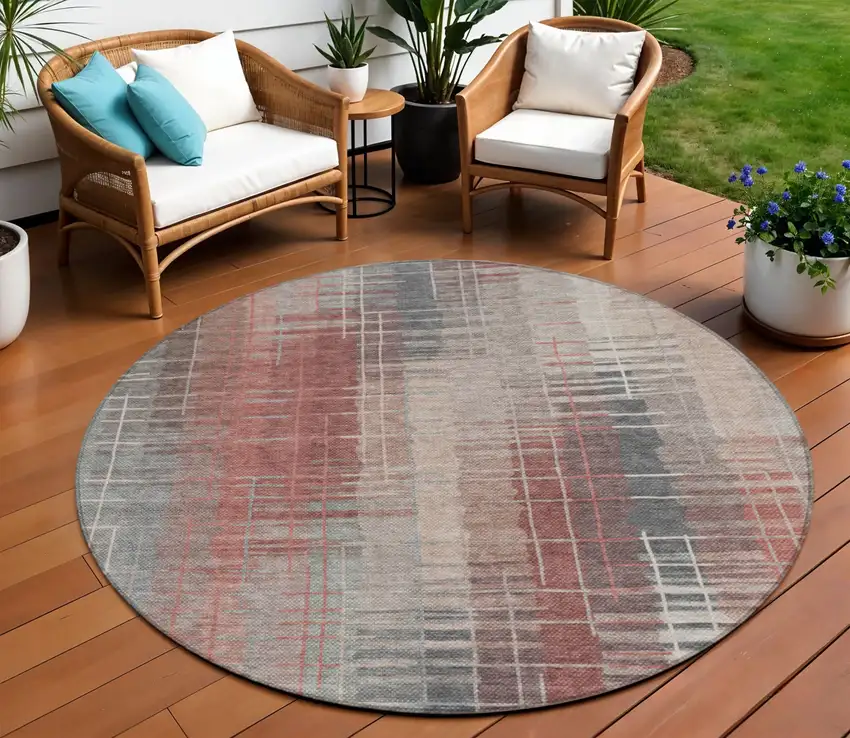 8' Rust Ivory And Gray Round Striped Washable Indoor Outdoor Area Rug Photo 1