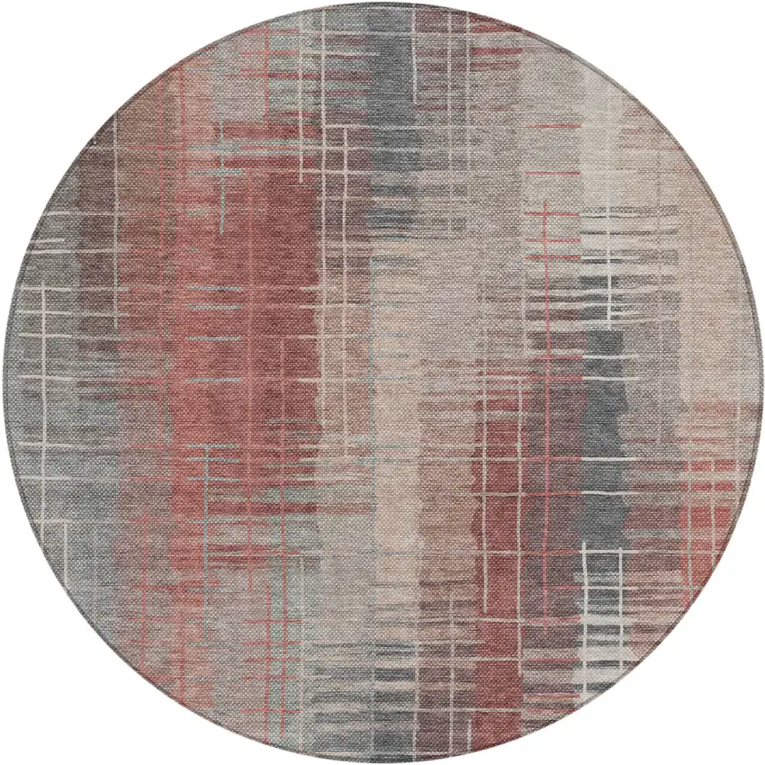 8' Rust Ivory And Gray Round Striped Washable Indoor Outdoor Area Rug Photo 2