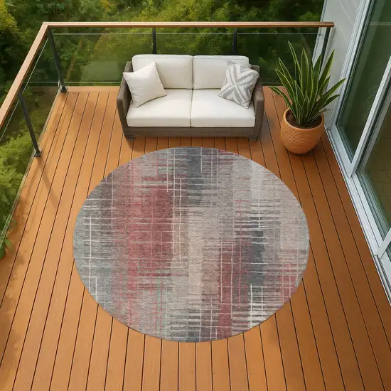 8' Rust Ivory And Gray Round Striped Washable Indoor Outdoor Area Rug Photo 9