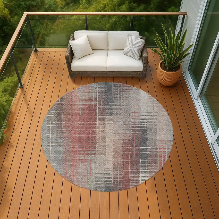 8' Rust Ivory And Gray Round Striped Washable Indoor Outdoor Area Rug Photo 9